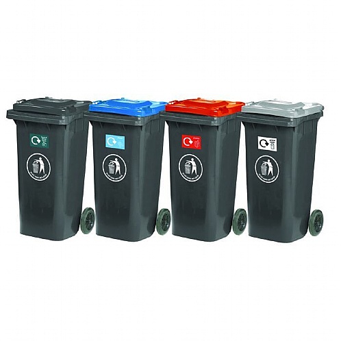 Recycle Centre Wheelie Bins, 120 Litres, Set of 4 - Site, Safety & Security