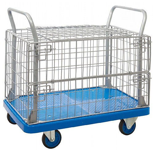 Shelf Trolley, Mesh Sides, Half Drop Gate and Hinged Lid, 300kg - Storage and Handling