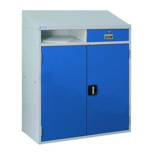 Sloping Top Workstation Cupboard with Drawer and Shelf - Storage and Handling
