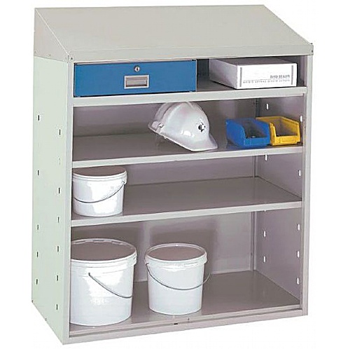 Sloping Top Workstation Cupboard, Open Fronted With Drawer - Storage and Handling