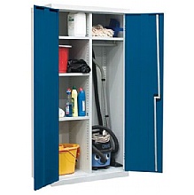 Janitors cleaning cupboard, blue doors