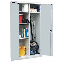 Light grey janitors cupboard with storage shelves