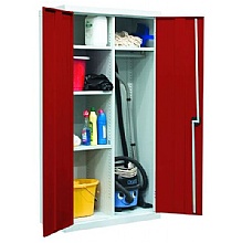 Red cleaning cupboard with storage shelves